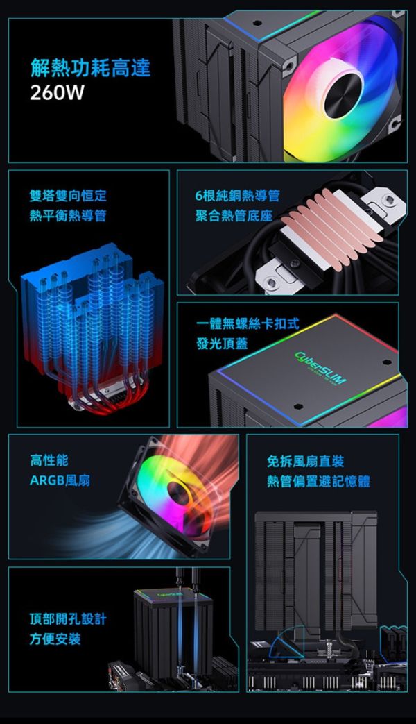 CyberSLIM CS120-ARGB CPU散熱器 雙塔雙風扇 