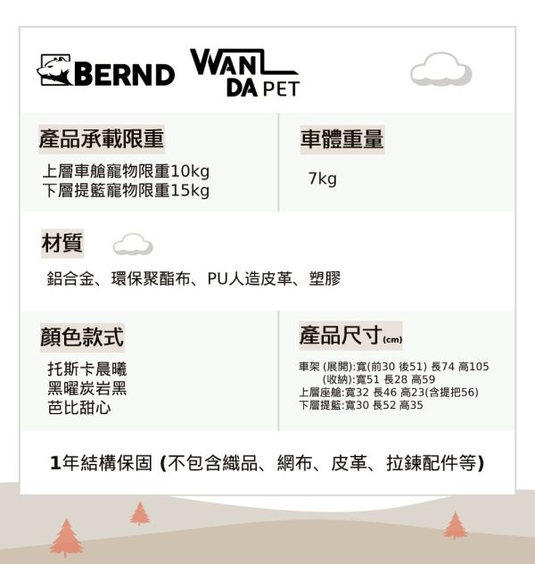 BERND寵物推車 Wanda pet 雙層可拆式座艙 功能再進化

BERND 寵物推車Wanda Pet雙層系列(雙層可拆式座艙 鋁合金車架 貓狗適用)
僅重7kg鋁合金輕量化設計
上層全罩式頂棚雙向可開
下層透氣網提籃可拆下肩背