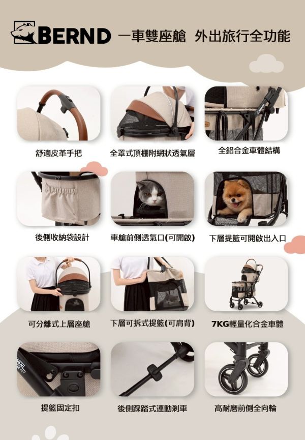 BERND寵物推車 Wanda pet 雙層可拆式座艙 功能再進化

BERND 寵物推車Wanda Pet雙層系列(雙層可拆式座艙 鋁合金車架 貓狗適用)
僅重7kg鋁合金輕量化設計
上層全罩式頂棚雙向可開
下層透氣網提籃可拆下肩背