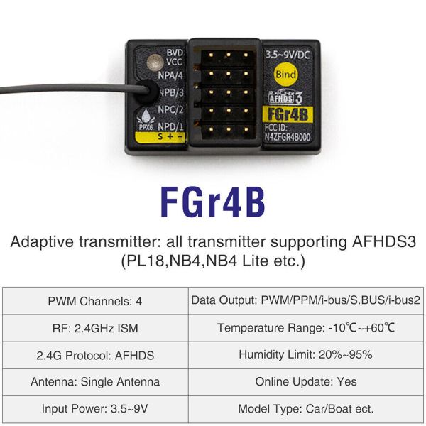 FLYSKB FGr4B 2.4G 車用 4 動雙向接收機 AFHDS 3 專屬雙向通訊協議 不受干擾 