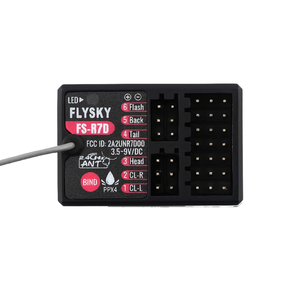 FLYSKY FS-R7D ANT通信協議７動燈組接收機 外置單天線，支持雙向回傳功能，可輸出PWM信號和車燈控制信 號，可適用多種車型使用 
