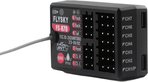 FLYSKY FS-R7D ７動燈組接收機 外置單天線，支持雙向回傳功能，可輸出PWM信號和車燈控制信 號，可適用多種車型使用 