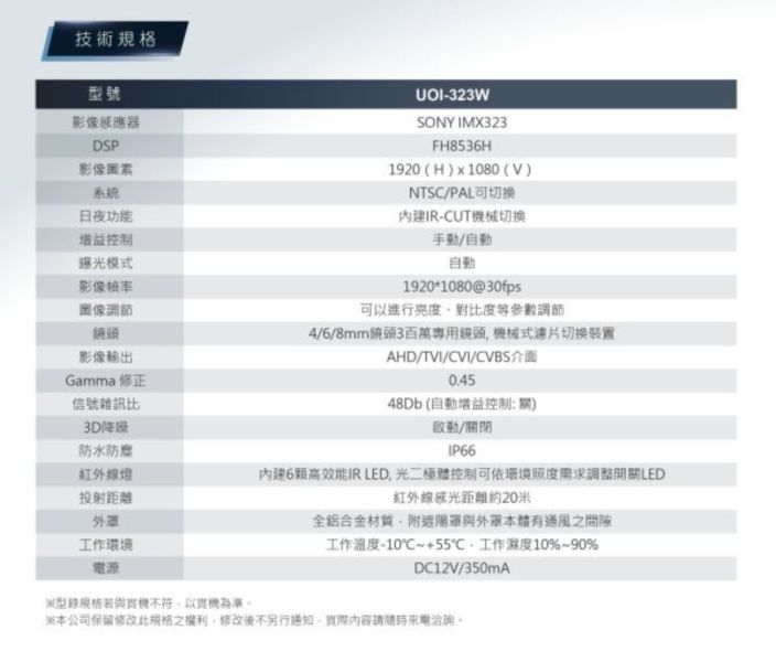 (不包含安裝) UOI-323W 監視器 1080P標準型 高畫質攝影機 (附變壓器) 