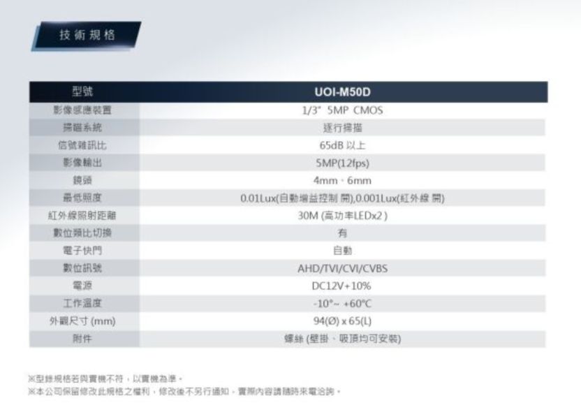 (不包含安裝) UOI-M50D 監視器 500萬 紅外線四合一 半球型高畫質攝影機 (附變壓器) 