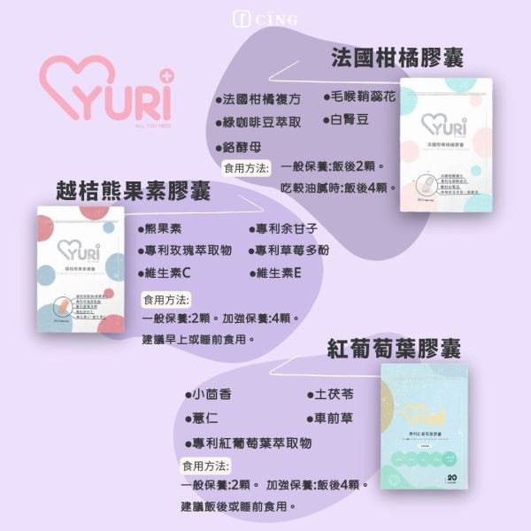 Yuri 系列膠囊 法國柑橘極纖膠囊 越級熊果素膠囊 紅葡萄葉膠囊 