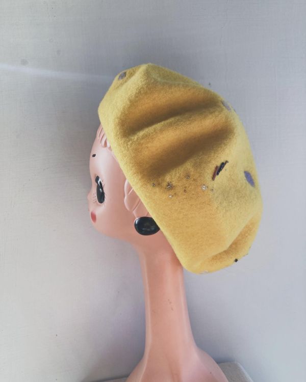 水玉星空羊毛貝蕾帽 黃色 絕版品 