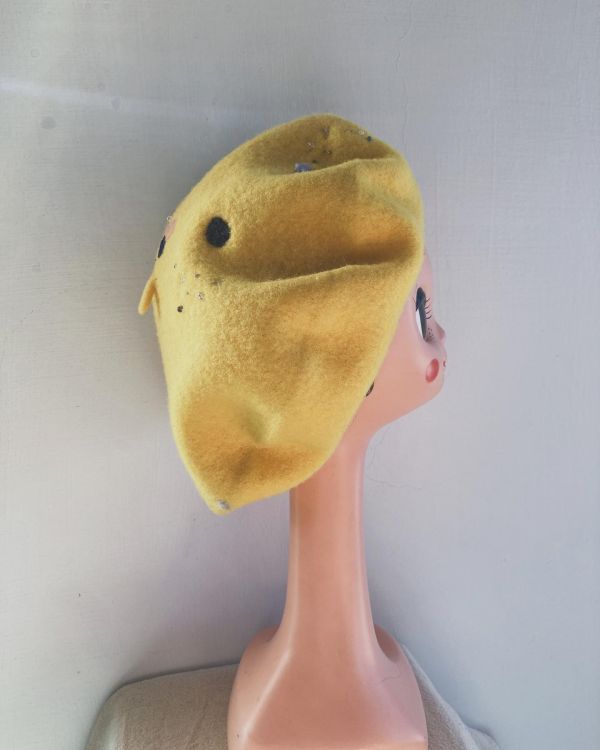 水玉星空羊毛貝蕾帽 黃色 絕版品 