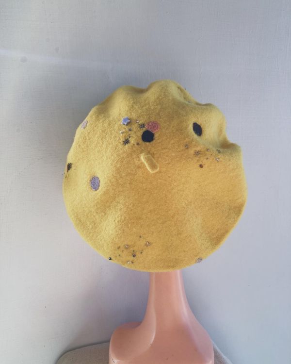 水玉星空羊毛貝蕾帽 黃色 絕版品 