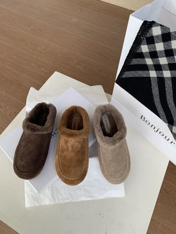 磨砂真皮牛皮｜毛毛懶人鞋半拖鞋 美人鞋窩｜磨砂真皮牛皮版｜增高厚底3公分｜秋冬復古真皮保暖內鋪毛加絨厚底包頭｜半拖鞋、懶人鞋雪地棉鞋~搭配襪子超韓系♥