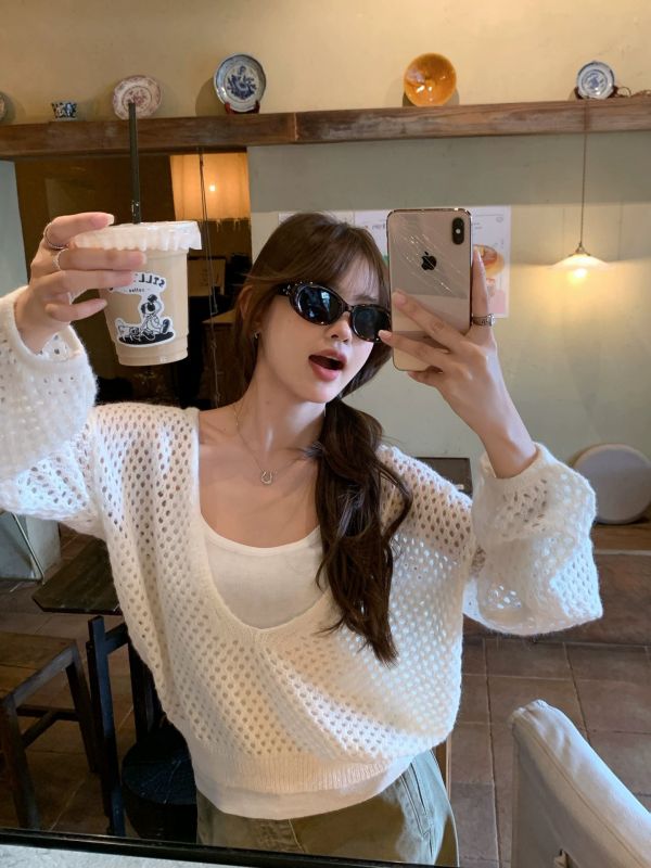 軟糯毛線質感鏤空兩件套 