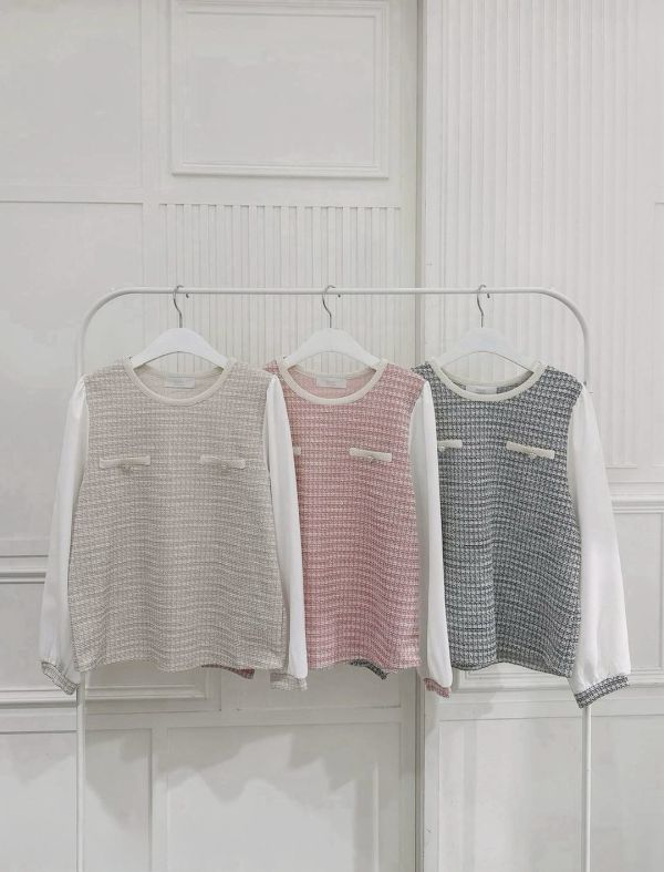 袖雪紡領滾邊編織衣 