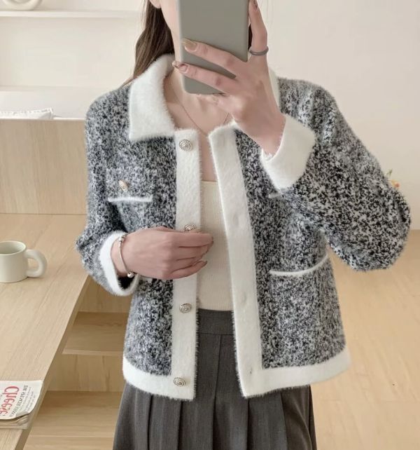 法式小香風水貂絨開衫外套 