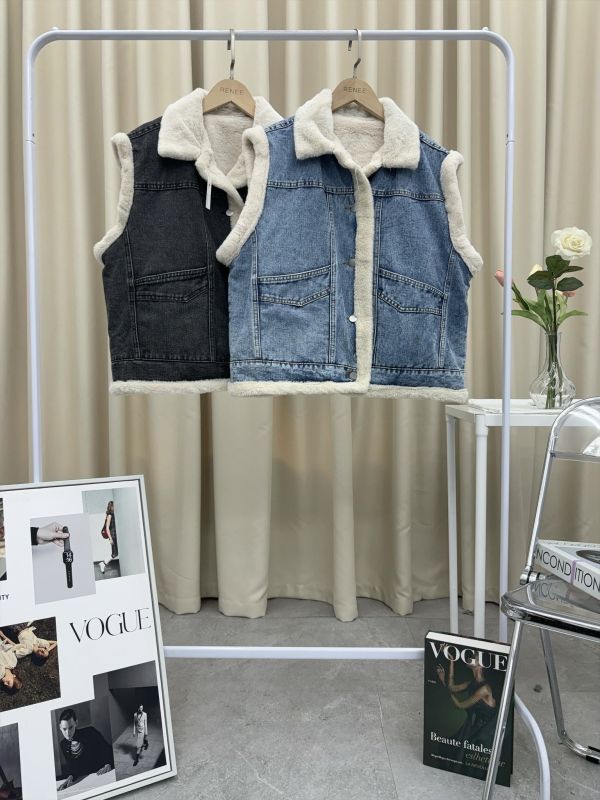 拼接牛仔刷毛背心 