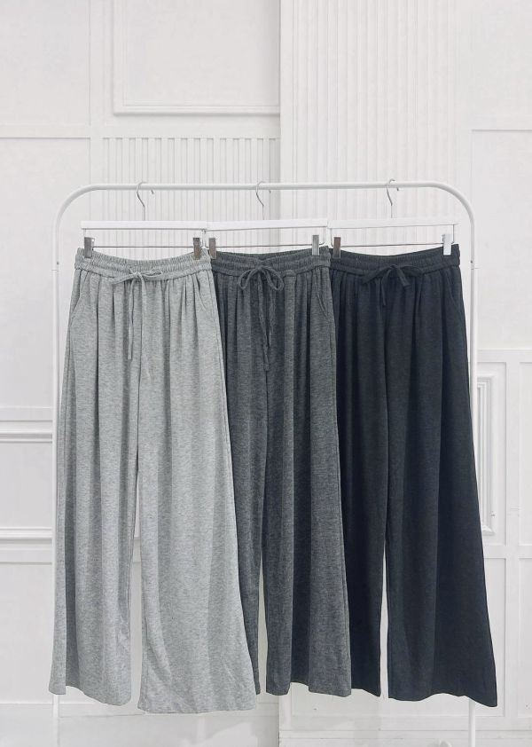 腰抽繩細坑條磨毛寬褲 