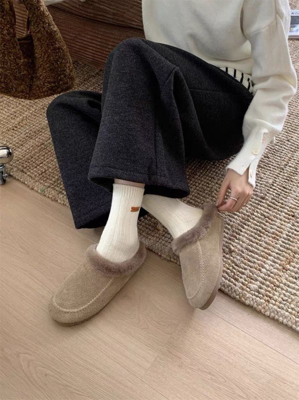 磨砂真皮牛皮｜毛毛懶人鞋半拖鞋 美人鞋窩｜磨砂真皮牛皮版｜增高厚底3公分｜秋冬復古真皮保暖內鋪毛加絨厚底包頭｜半拖鞋、懶人鞋雪地棉鞋~搭配襪子超韓系♥