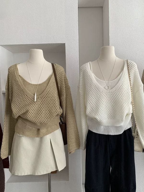 軟糯毛線質感鏤空兩件套 