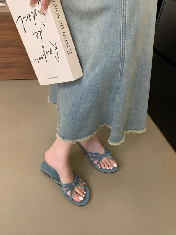 韓式簡約線條蝴蝶結平底涼拖鞋 