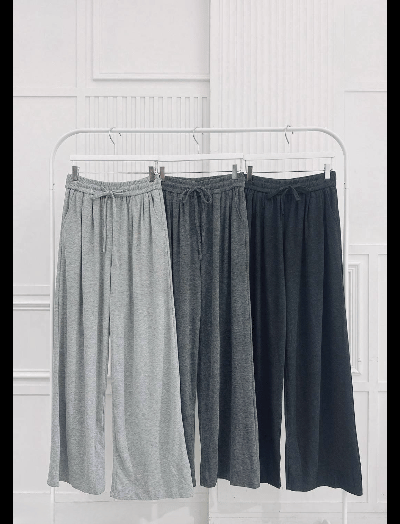 腰抽繩細坑條磨毛寬褲 