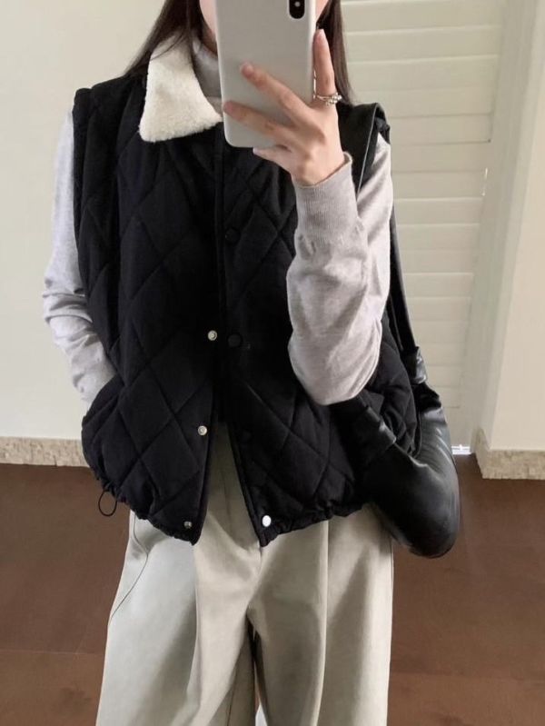 保暖毛領菱格鋪棉背心 