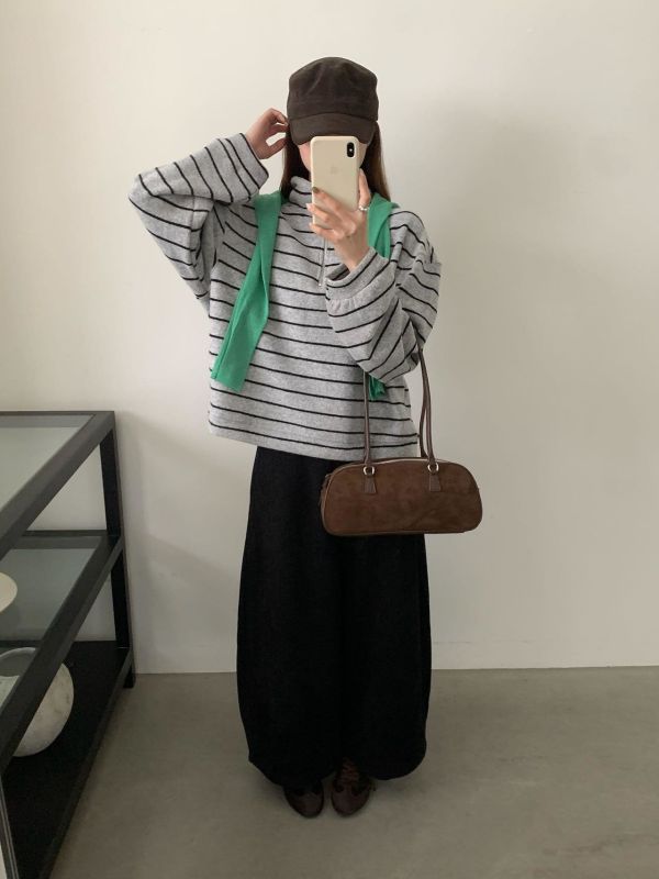 磨毛加絨拉鍊條紋上衣 