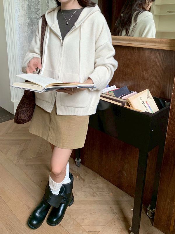 拉鍊連帽抽繩針織外套 