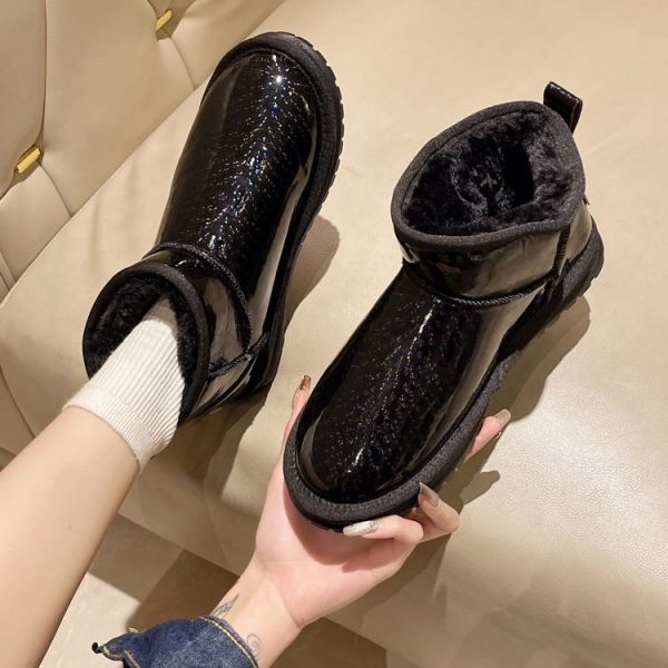 冬季新款漆皮亮面皮毛一體厚底防水防滑保暖加絨棉鞋 雪靴,短靴,踝靴,內刷毛,小個子穿搭,保暖靴,襪套