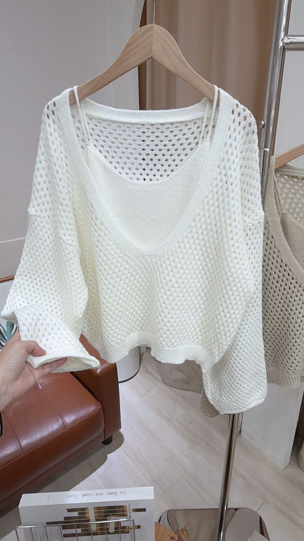 軟糯毛線質感鏤空兩件套 