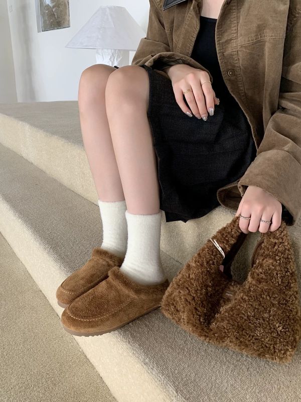 磨砂真皮牛皮｜毛毛懶人鞋半拖鞋 美人鞋窩｜磨砂真皮牛皮版｜增高厚底3公分｜秋冬復古真皮保暖內鋪毛加絨厚底包頭｜半拖鞋、懶人鞋雪地棉鞋~搭配襪子超韓系♥