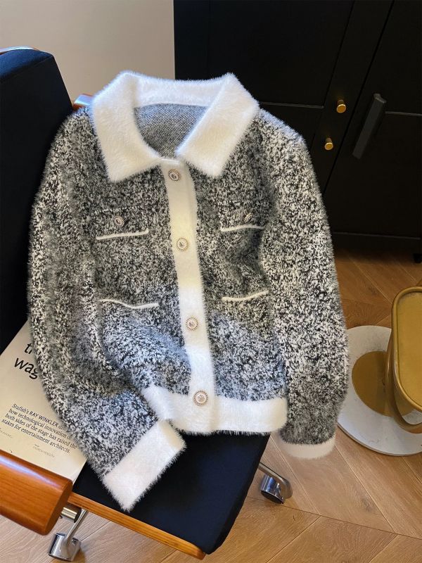 法式小香風水貂絨開衫外套 