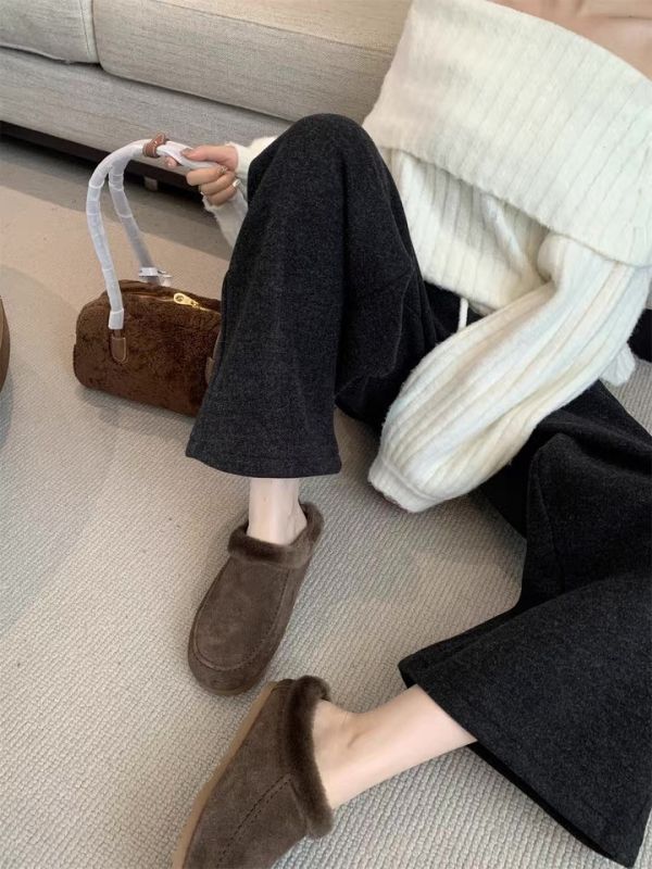 磨砂真皮牛皮｜毛毛懶人鞋半拖鞋 美人鞋窩｜磨砂真皮牛皮版｜增高厚底3公分｜秋冬復古真皮保暖內鋪毛加絨厚底包頭｜半拖鞋、懶人鞋雪地棉鞋~搭配襪子超韓系♥