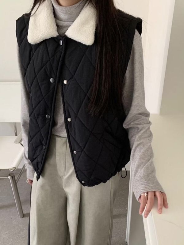 保暖毛領菱格鋪棉背心 
