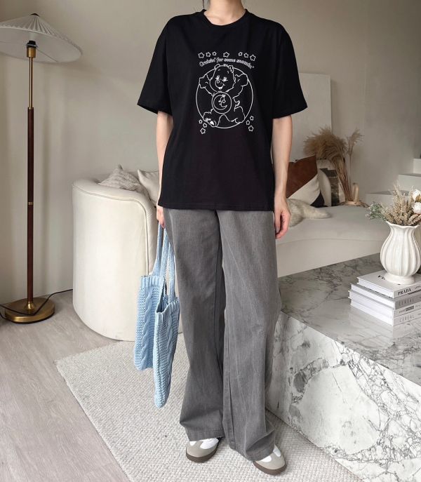 韓式熊熊圖案寬鬆短T 