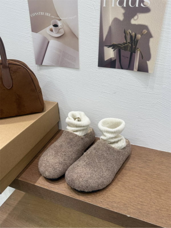 增高厚底3公分｜韓系毛呢內加絨毛圓頭半拖鞋懶人鞋 美人鞋窩 👠現貨+預購｜增高厚底3公分｜韓系毛呢內加絨毛圓頭半拖鞋懶人鞋｜秋冬新款厚底包頭半拖毛毛拖鞋女款外穿保暖棉鞋♥