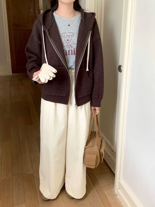 拉鍊連帽抽繩針織外套 