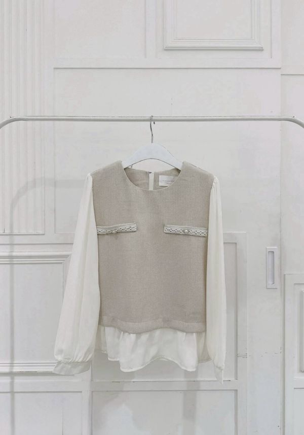 蕾絲假口袋 雪紡袖 