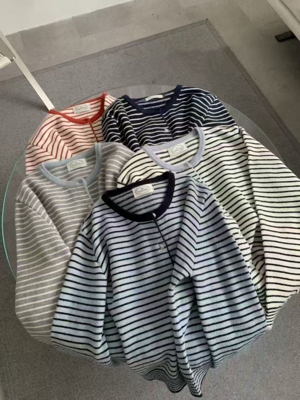 開釦領配色條紋毛衣 