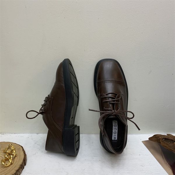 復古英倫牛津小方頭平底鞋、真皮皮鞋 美人鞋窩 👠 韓國人氣｜真皮牛皮版｜復古英倫牛津小圓頭平底鞋、真皮皮鞋｜@love 花猴｜小個子增高3公分｜磨砂麂皮絨