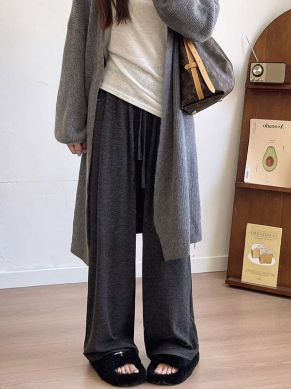 腰抽繩細坑條磨毛寬褲 