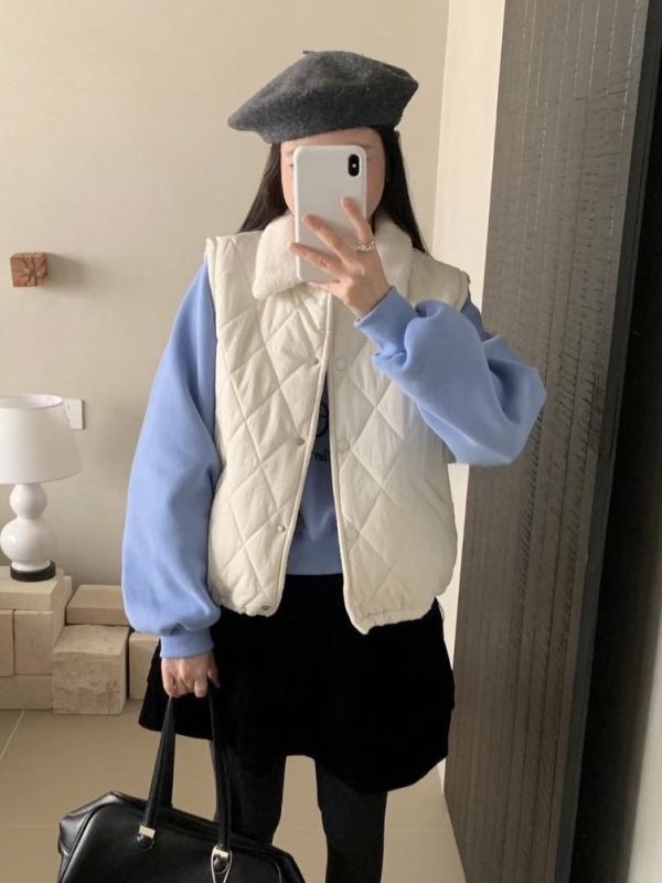 保暖毛領菱格鋪棉背心 