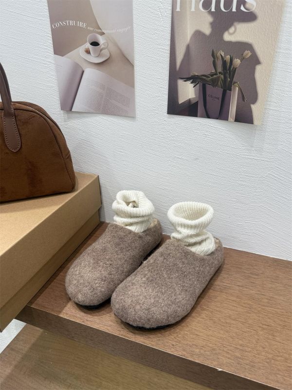 增高厚底3公分｜韓系毛呢內加絨毛圓頭半拖鞋懶人鞋 美人鞋窩 👠現貨+預購｜增高厚底3公分｜韓系毛呢內加絨毛圓頭半拖鞋懶人鞋｜秋冬新款厚底包頭半拖毛毛拖鞋女款外穿保暖棉鞋♥