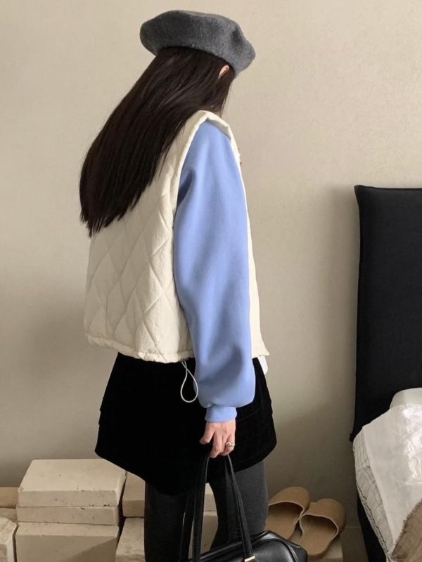 保暖毛領菱格鋪棉背心 