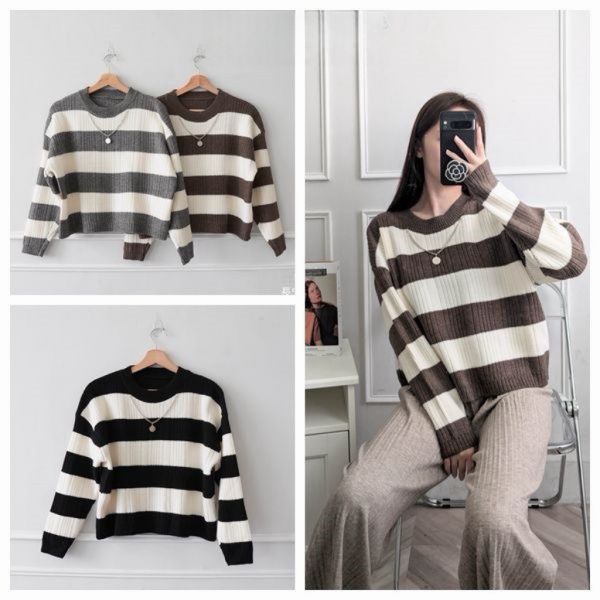 寬條紋厚磅毛衣 