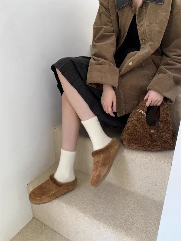 磨砂真皮牛皮｜毛毛懶人鞋半拖鞋 美人鞋窩｜磨砂真皮牛皮版｜增高厚底3公分｜秋冬復古真皮保暖內鋪毛加絨厚底包頭｜半拖鞋、懶人鞋雪地棉鞋~搭配襪子超韓系♥