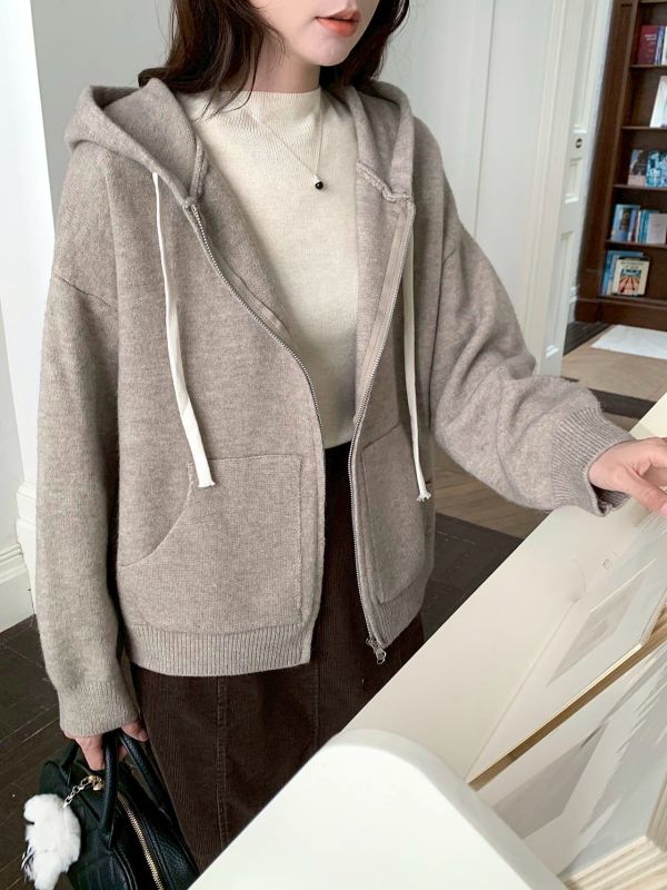 拉鍊連帽抽繩針織外套 