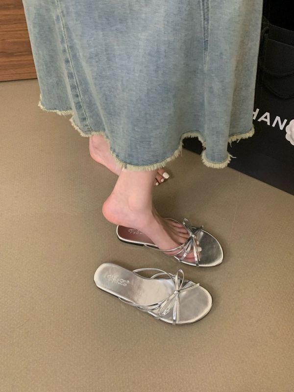 韓式簡約線條蝴蝶結平底涼拖鞋 