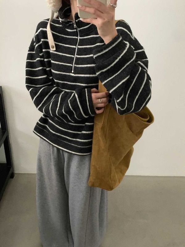 磨毛加絨拉鍊條紋上衣 