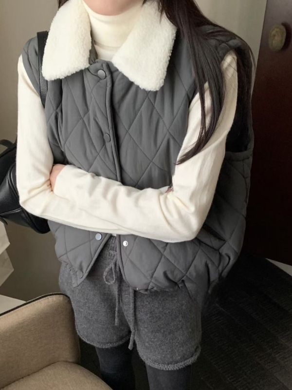 保暖毛領菱格鋪棉背心 