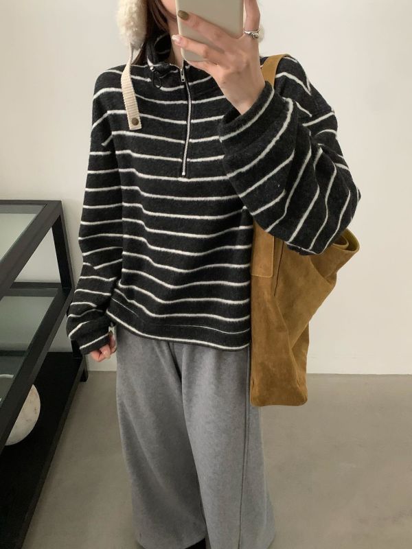 磨毛加絨拉鍊條紋上衣 