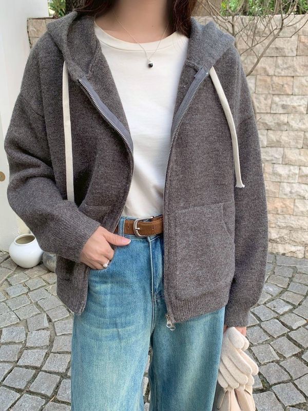 拉鍊連帽抽繩針織外套 