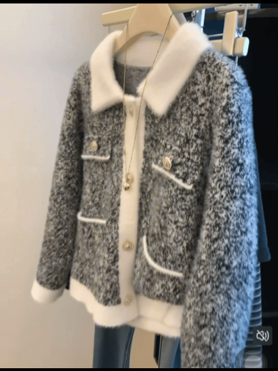 法式小香風水貂絨開衫外套 